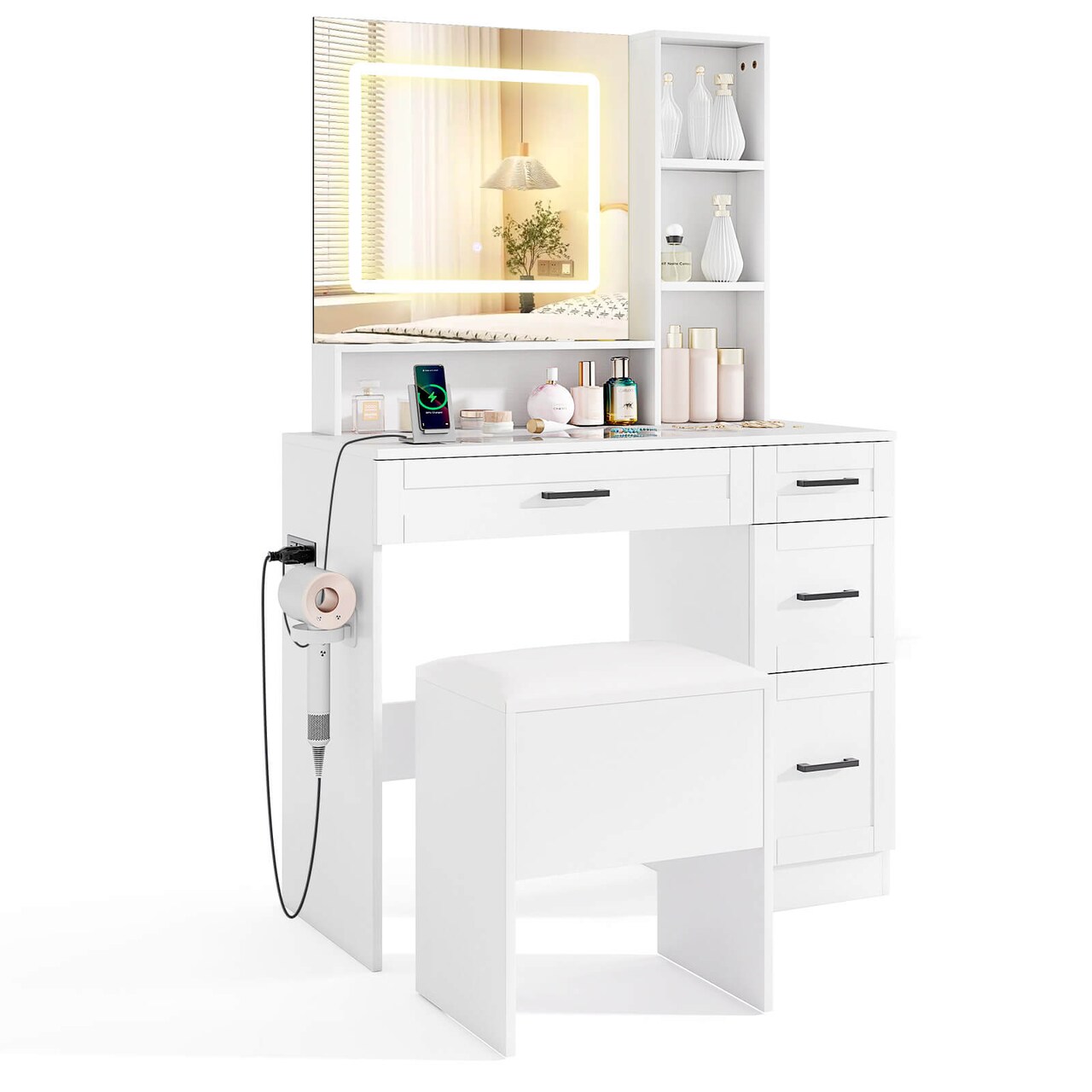 Costway 35.5" Makeup Table Set Vanity Desk with Mirror and Lights 2 Open Shelves Glass Top